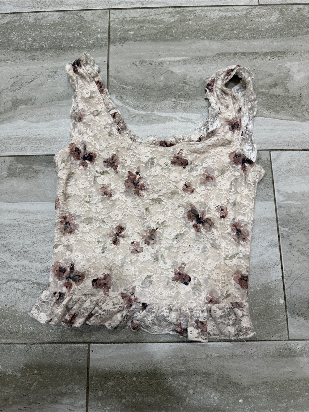 Lace Floral Ruffle Cami - Cream with Brown Floral - Picture 5 of 6